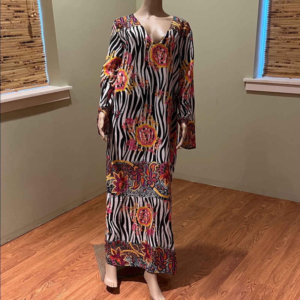 Antica Santoria Floral Zebra Print Maxi Dress Caftan L/XL